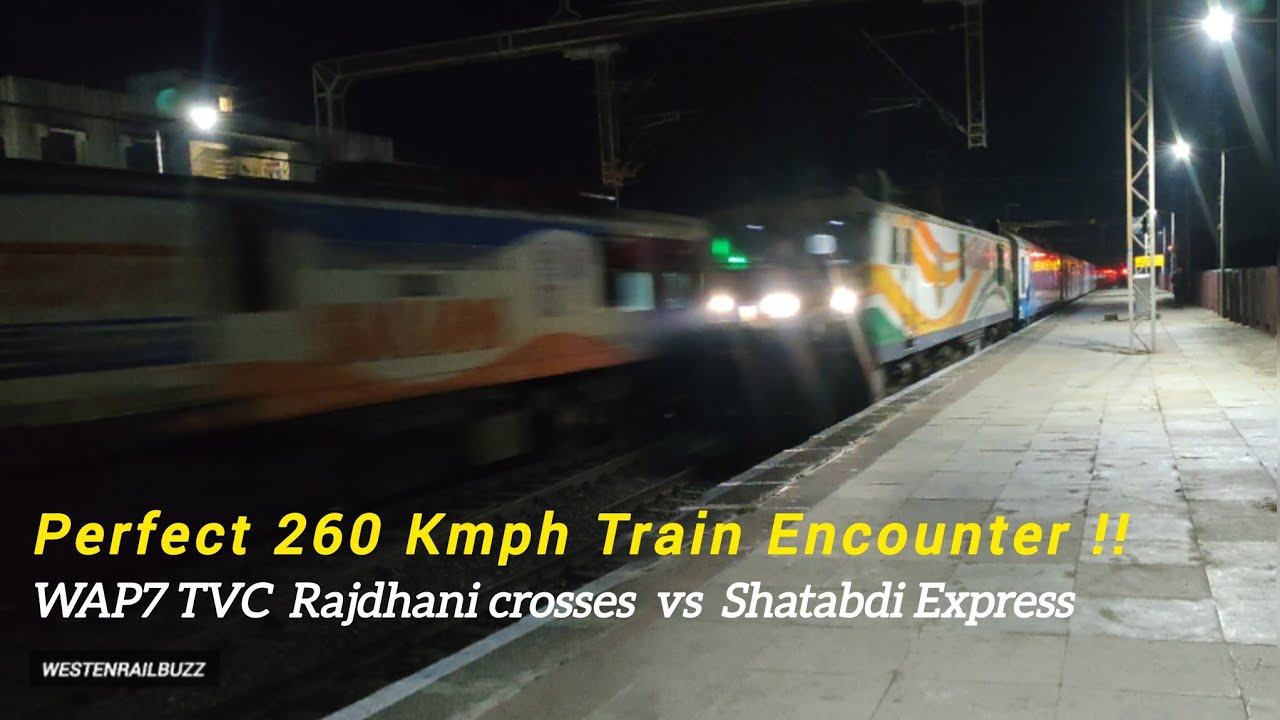Perfect 260Kmph Train Encounter - WAP7 TVC  Rajdhani crosses WAP7 Shatabdi Express-Indian Railways