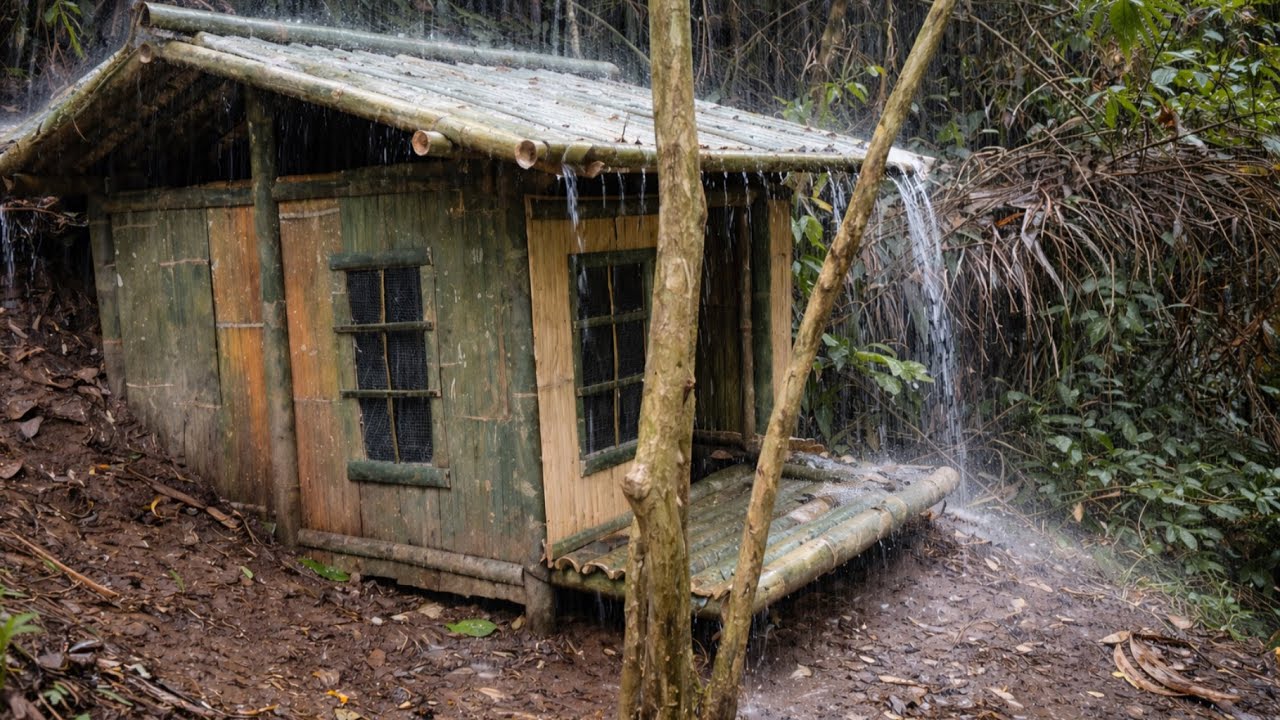 Membangun shelter bambu diguyur hujan🌧️ solocamping