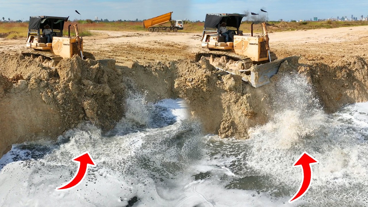 Good!!New Incredible Activities Bulldozer Komatsu D60p Push Dirt Vs 25.5t Dump Truck Unloading Soil