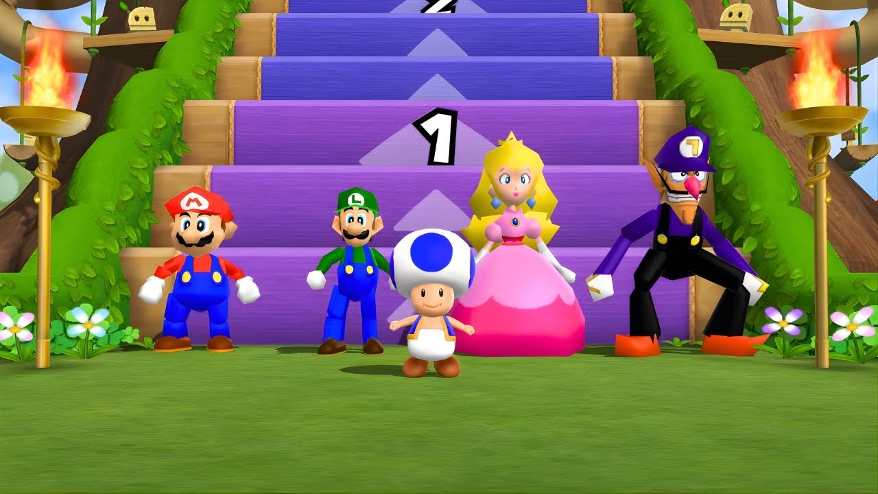 Мини-игра Mario Party 9! Кульминационная битва между Марио 64, Луиджи 64, Пич 64 и Валуиджи 64!