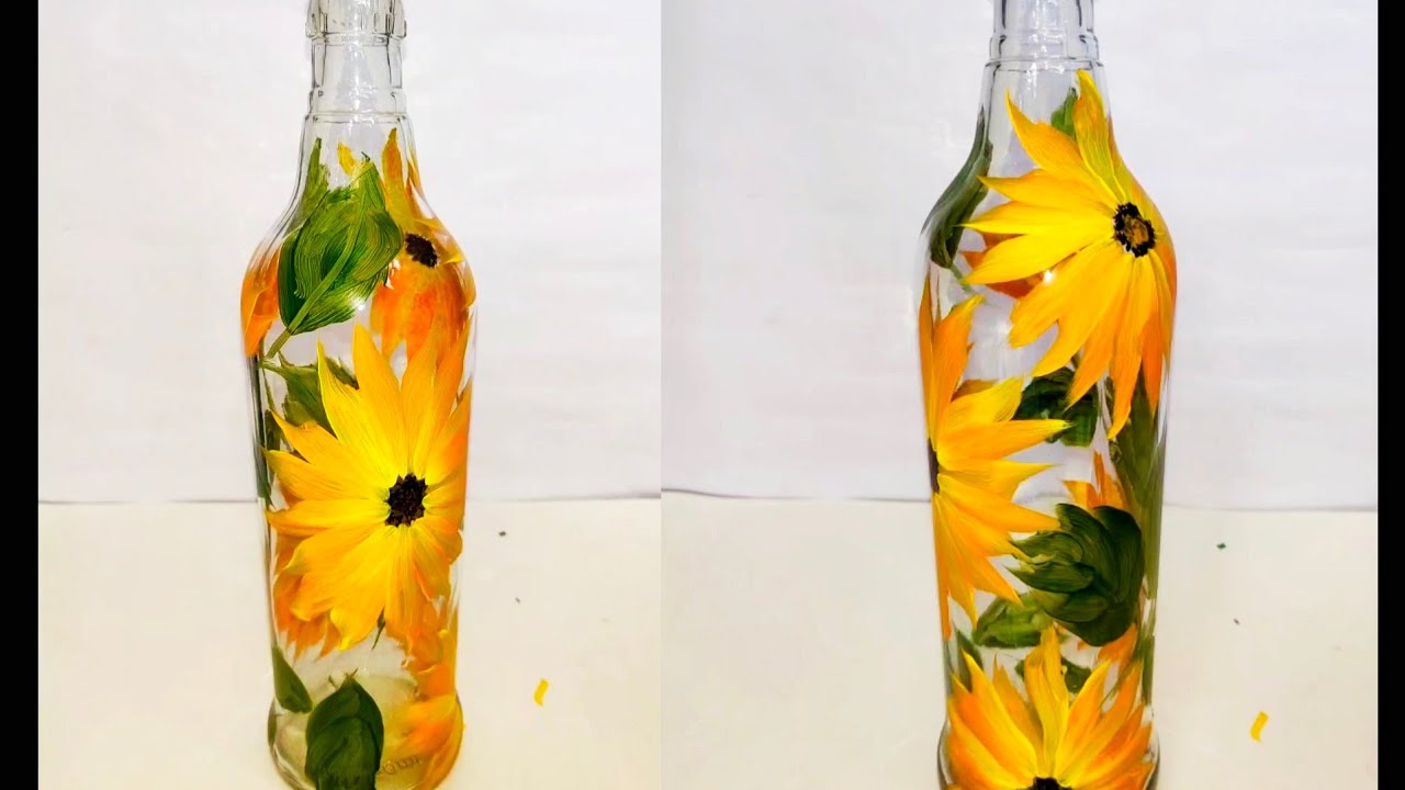 DIY | Bottle art | Painting sunflowers on glass bottle in Acrylic colours | Step-by-step tutorial