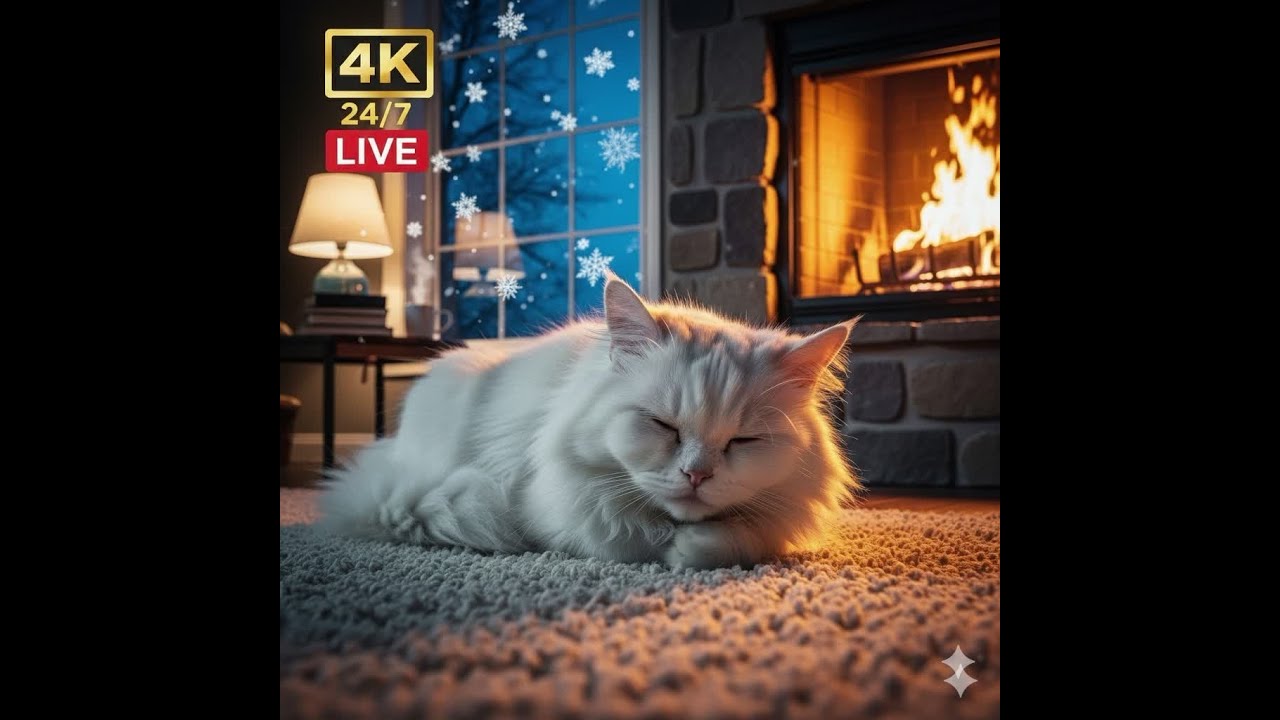 🐾 Fluffy Cat's Fireplace Delight: 4K Peaceful Sleep & Snow Ambience ❄️ 24/7 Live