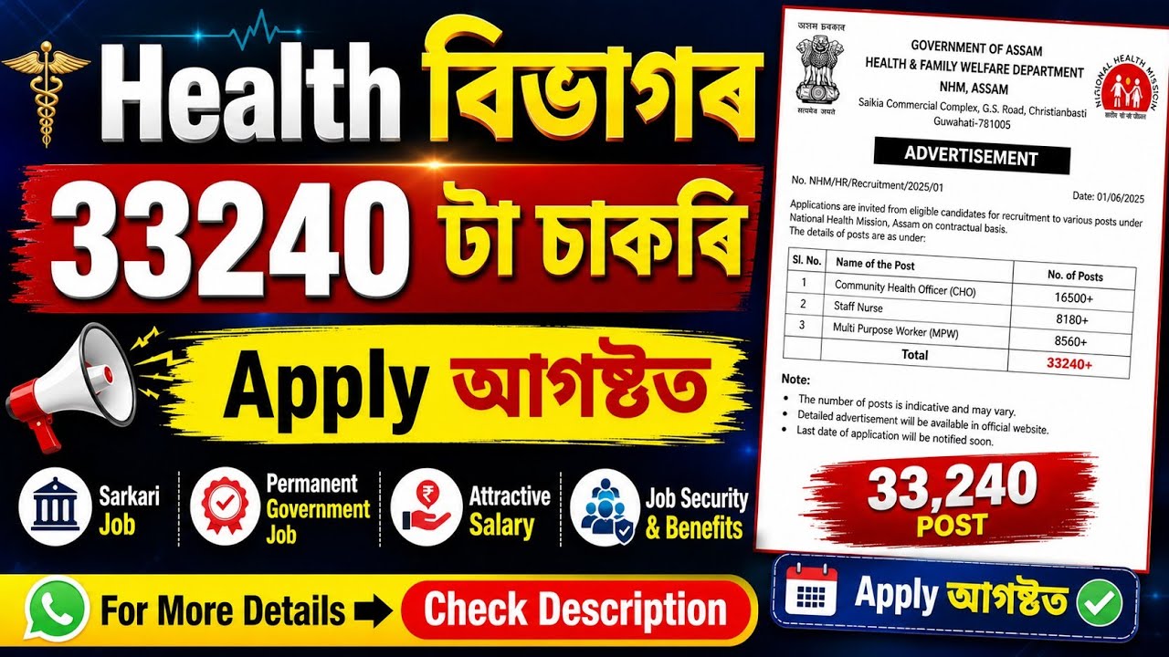 Health বিভাগৰ পদৰ Apply Date - DME new vacancy 2026 | DHS new recruitment 2026 | Jobs in Assam | 