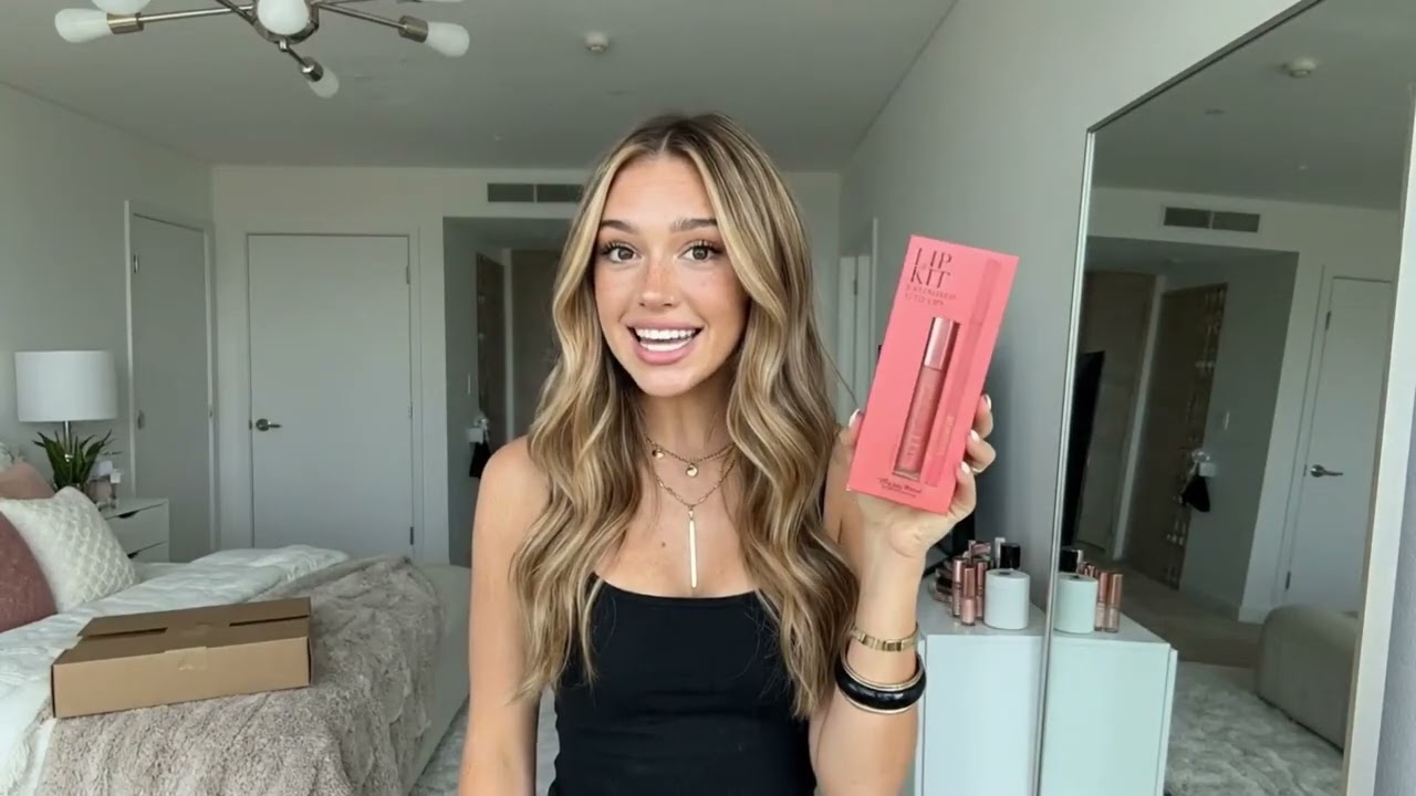 A direct-to-camera product review of a Kylie Skin Lip Kit.