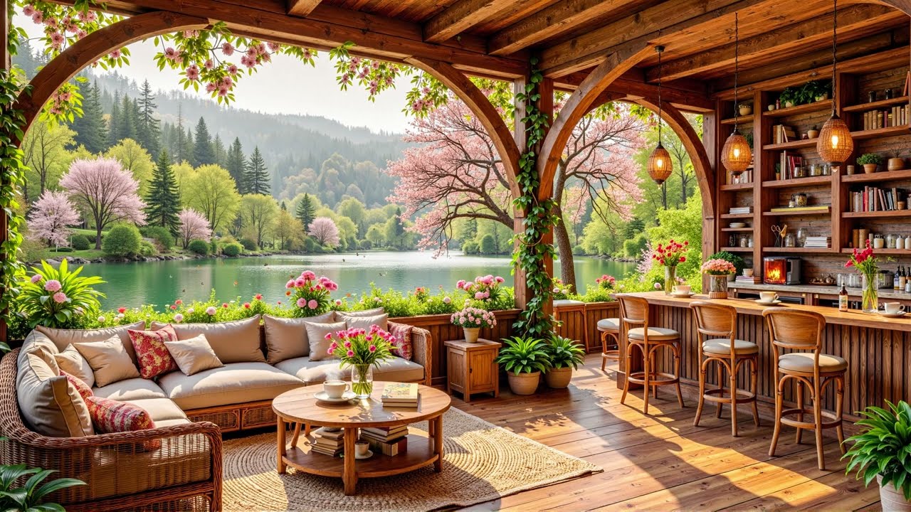 Spring Morning at a Lakeside Cabin 🌸 Smooth Jazz, Cherry Blossoms and Warm Wooden Retreat