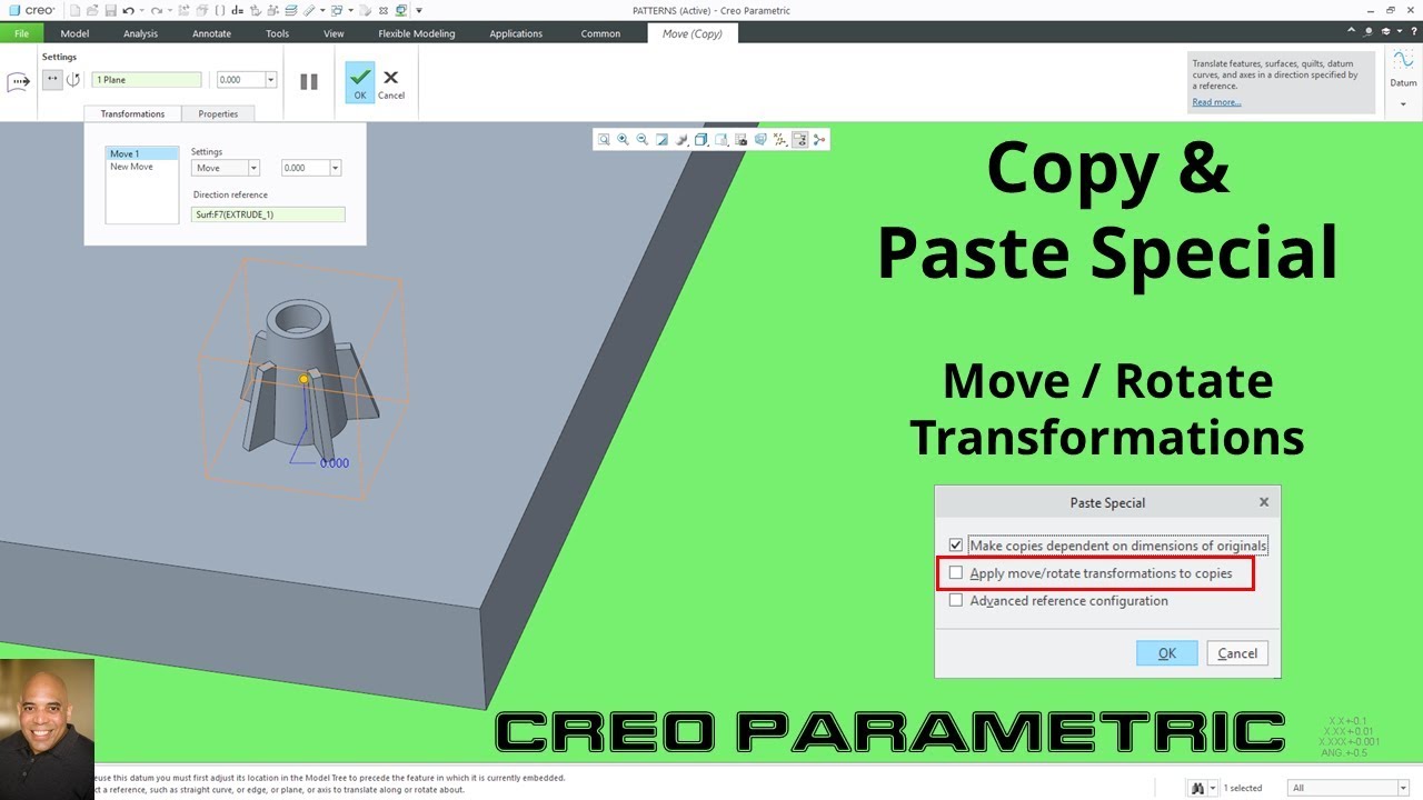 Creo Parametric — Копирование и специальная вставка — Перемещение/Поворот (Демо)