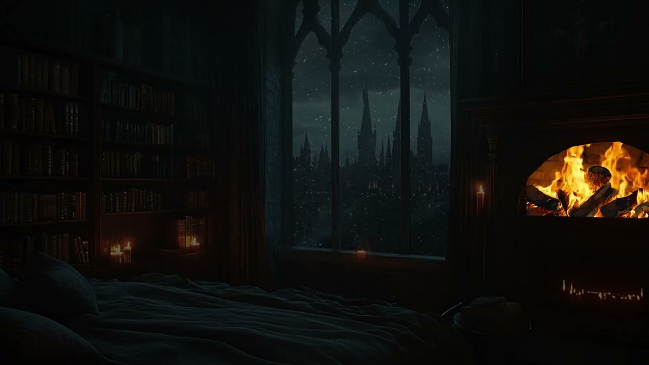 Rain Whispering Beyond the Castle | Cozy Fireplace Bedroom Retreat | Peaceful Night for Sleep