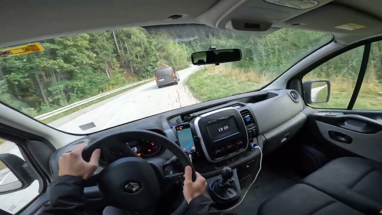 Bourg-Saint-Maurice - Les Arcs. Driving Renault Trafic. Cockpit POV. Summer. Alps. France