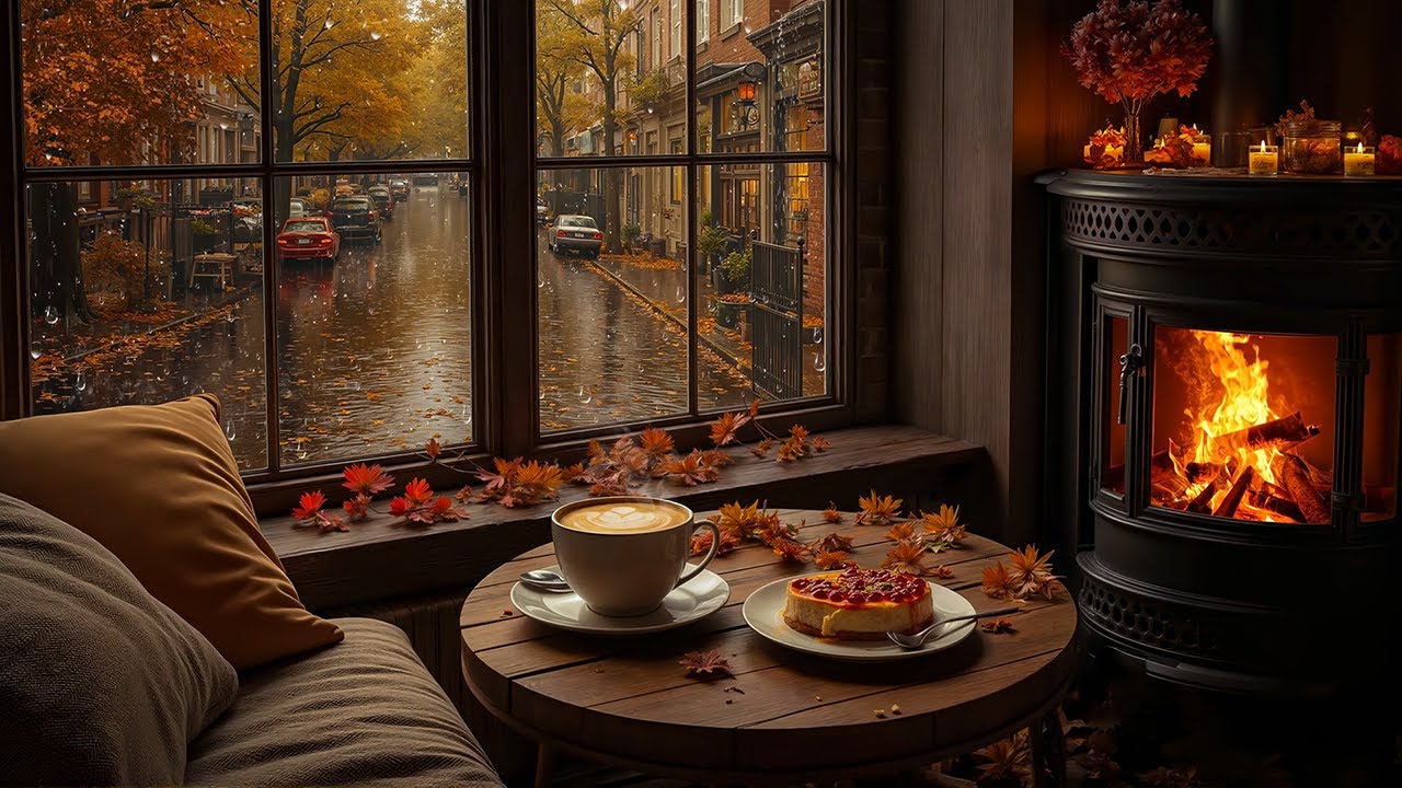September Autumn Rain 🍂 Relaxing Jazz Piano and Fireplace Ambience for Focus, Reading & Calm