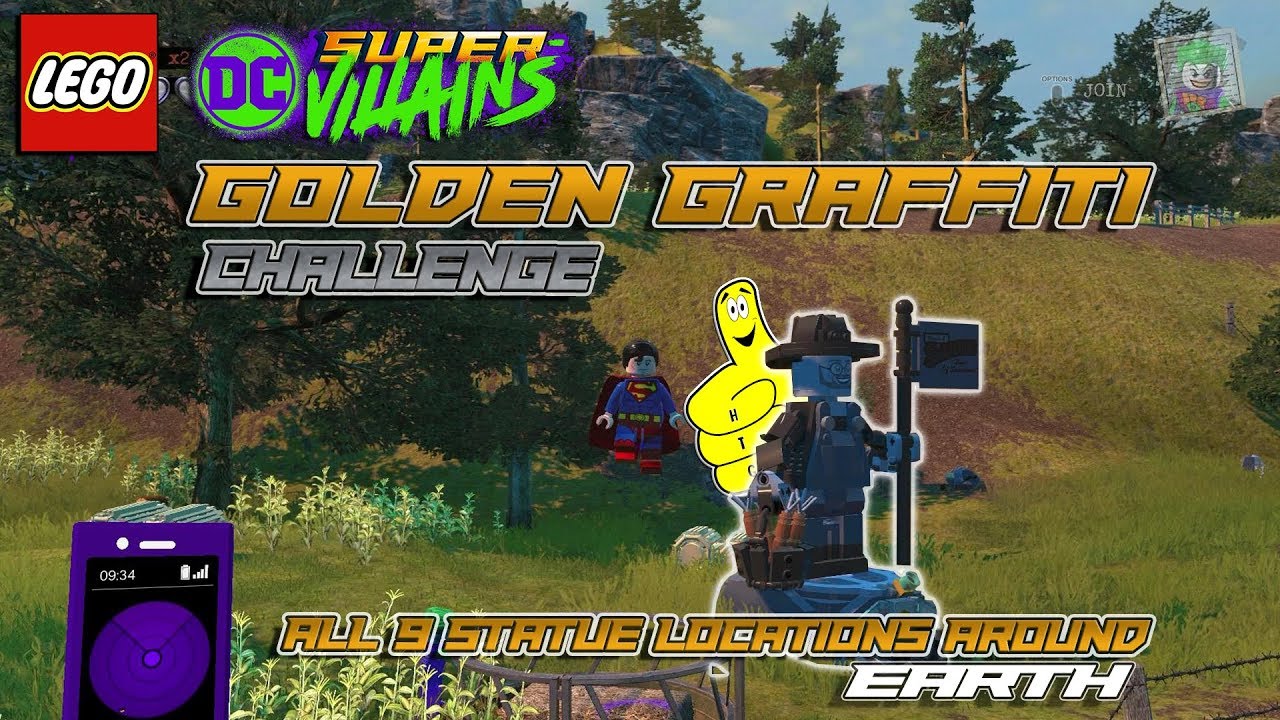 Lego DC Super-Villains: ИСПЫТАНИЕ «Золотое граффити» (расположение всех 9 статуй) — HTG