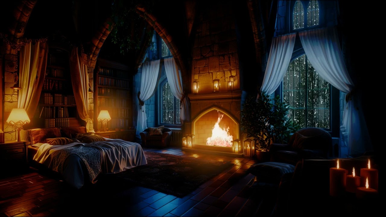 Nighttime Thunderstorm Haven - with Rain and Fireplace Sounds in this Cozy Castle Room