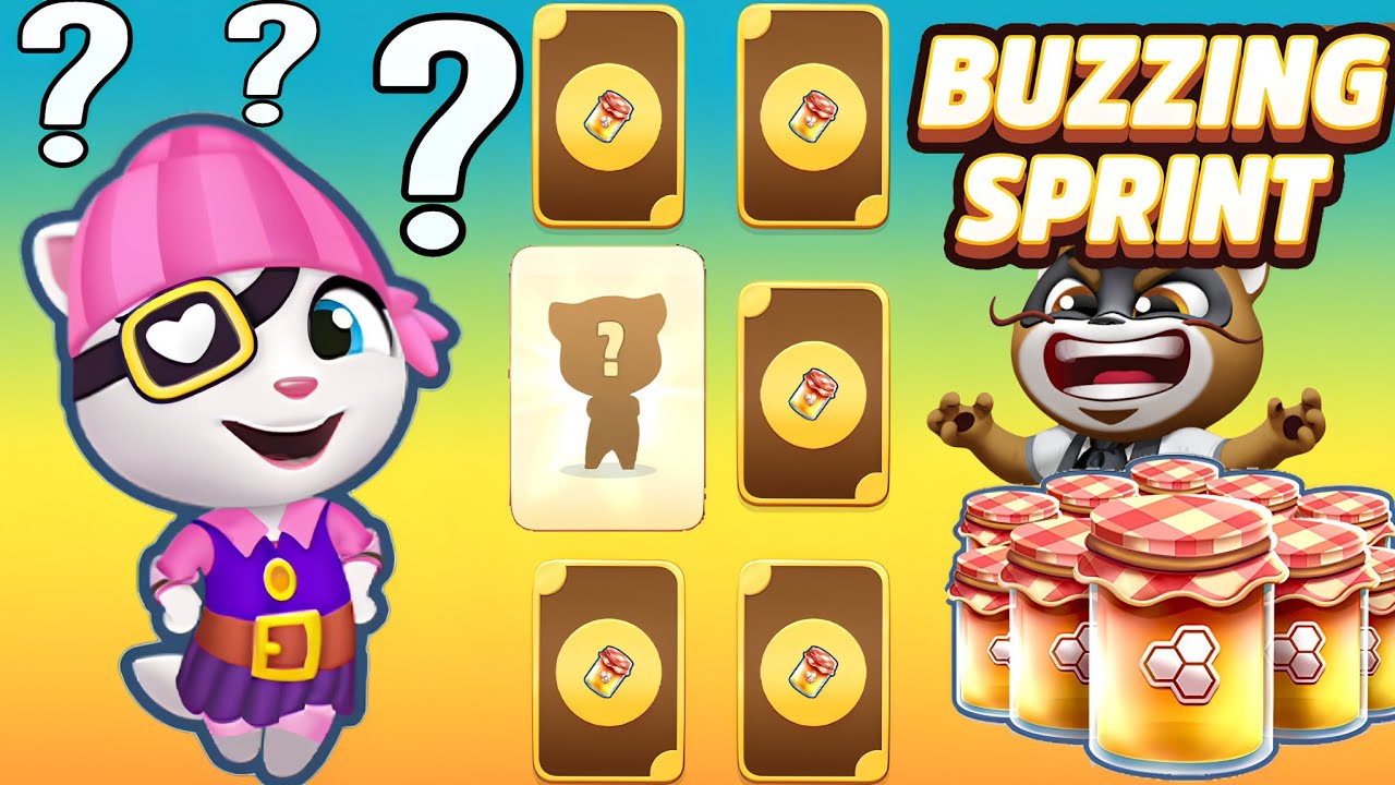 Talking Tom Gold Run Buzzing Sprint event Lucky Cards Witch Angela unlocked vs Roy Raccoon Gameplay