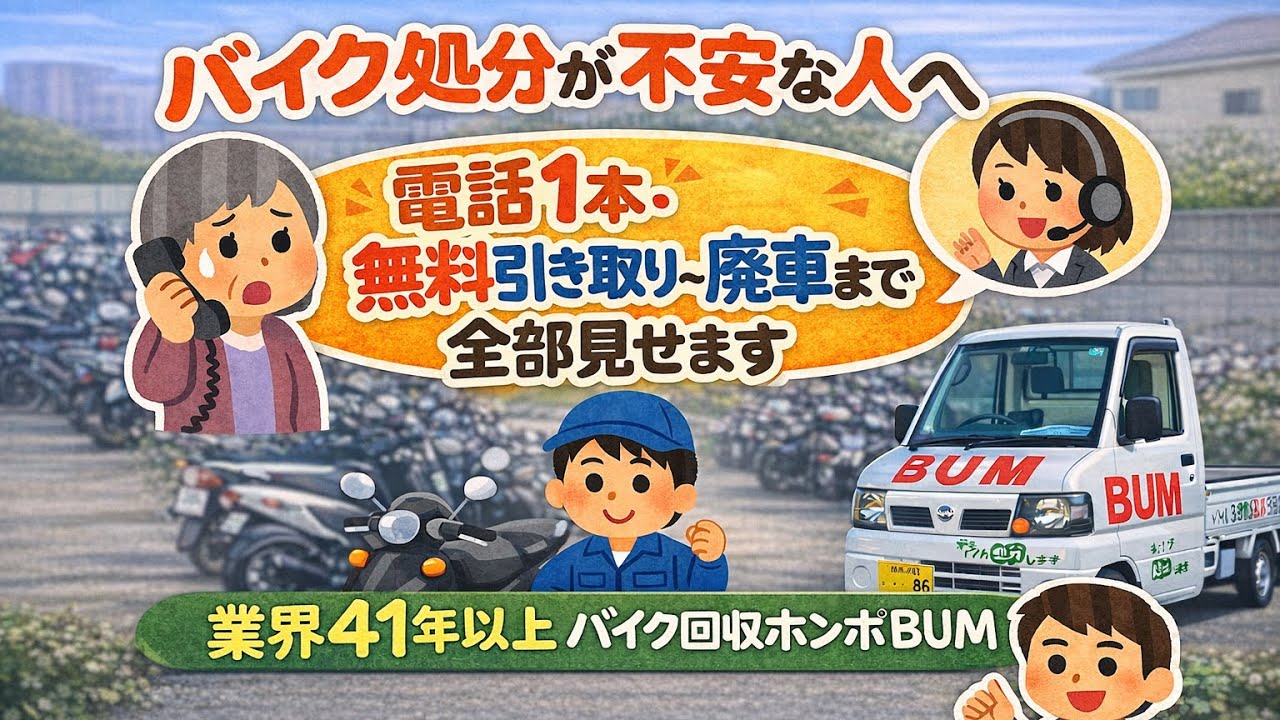 バイク処分が不安な人へ｜原付も対応・電話1本で無料引き取り〜廃車まで全部見せます｜業界41年以上 バイク回収ホンポBUM（東京・練馬）