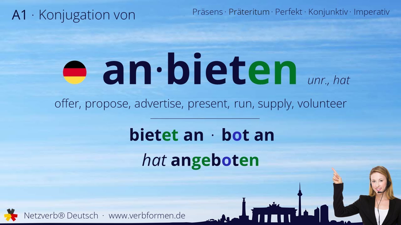 Konjugation Verb &bdquo;anbieten&ldquo; (unr., hat) - alle Zeitformen, Lernvideo, Tutorial