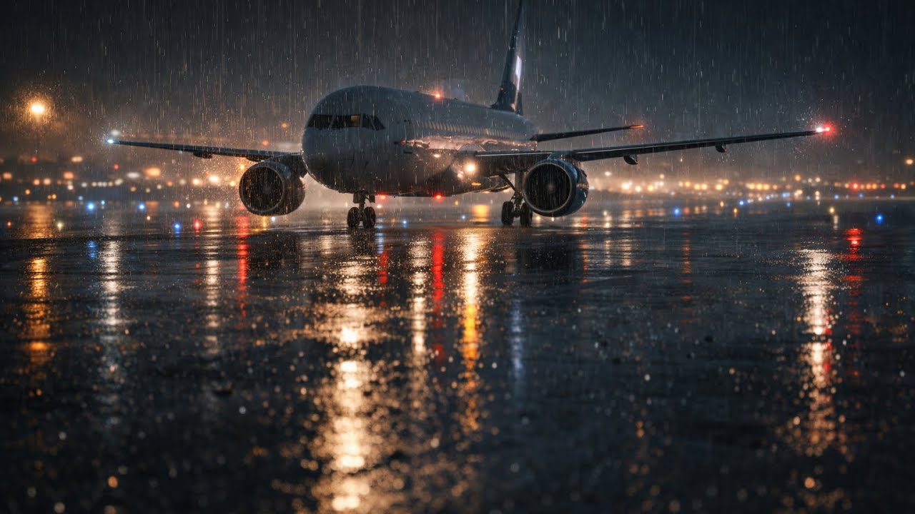 Rainy Runway at Night ✈️🌧️ | Cinematic Airport Ambience (Storm, Lights & Calm Focus)