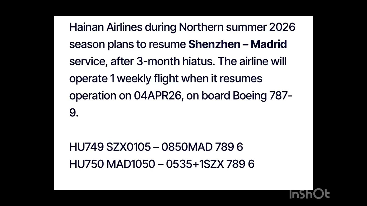 HAINAN AIRLINES RESUMES SHENZHEN – MADRID IN 2Q26