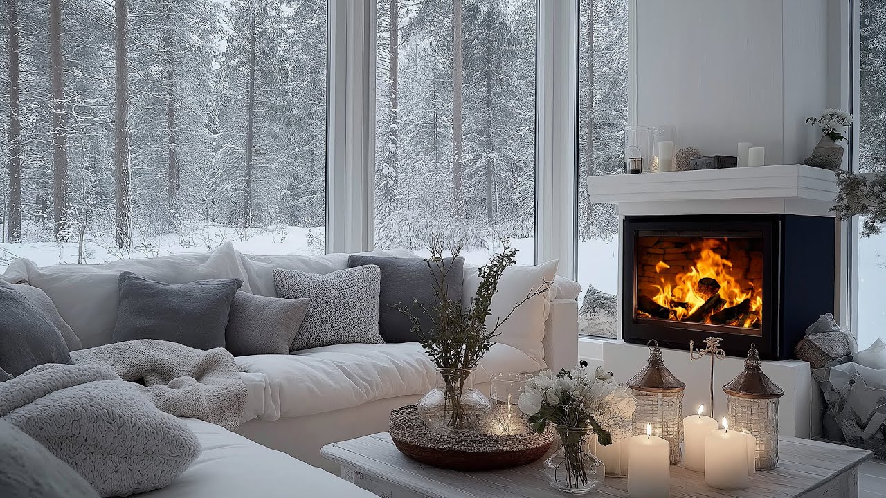 Cozy Modern Fireplace ASMR and Heavy Snowfall Outside for Deep Sleep and Stress Relief 2026