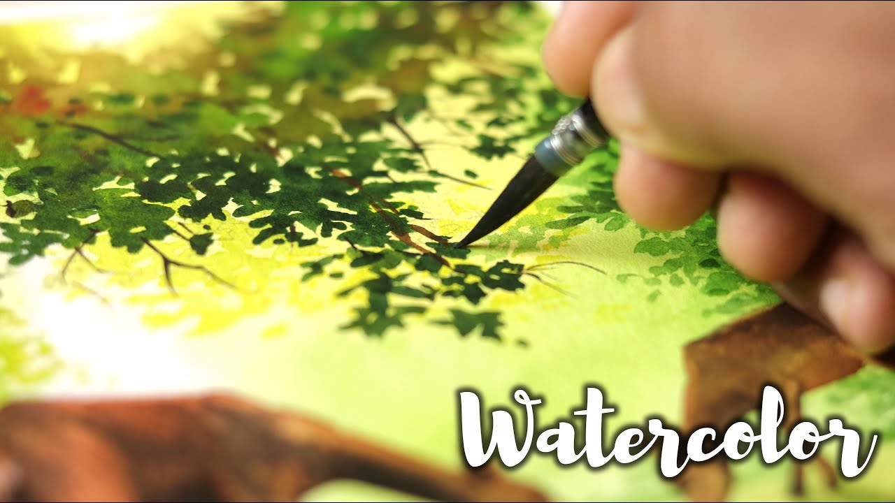 Simple Watercolor Painting of Beautiful Forest landscape and Deer easy