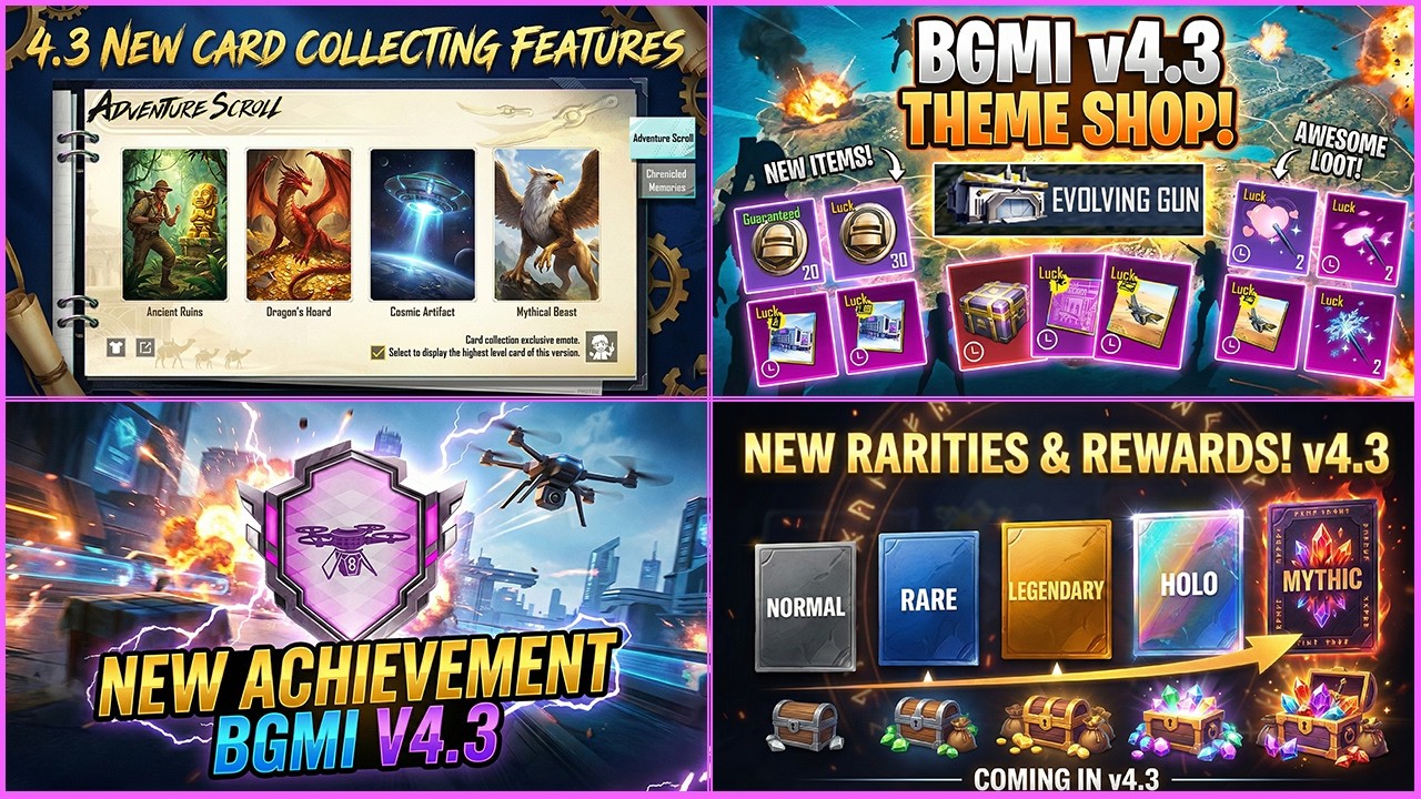 😍 BGMI v4.3 UPCOMING ACHIEVEMENTS || NEW CARD COLLECTING COMING || THEME SHOP REWARDS.