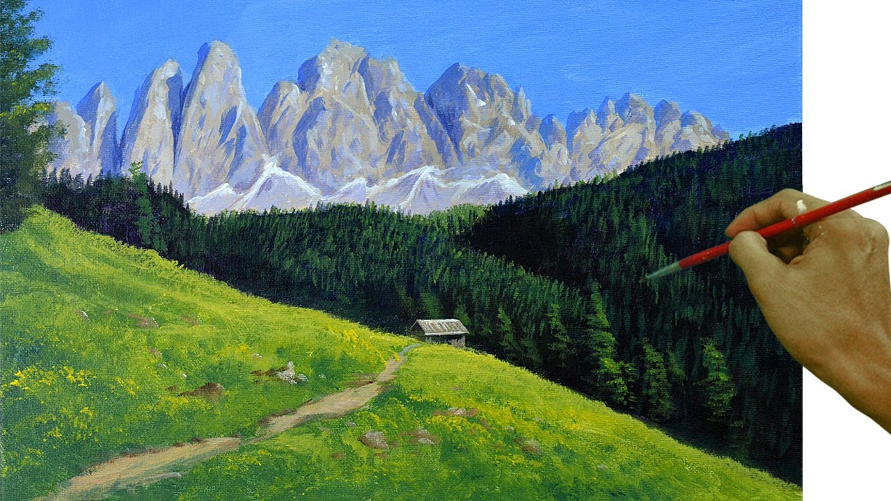 Acrylic Landscape Painting in Time-lapse / Hut in the Mountain