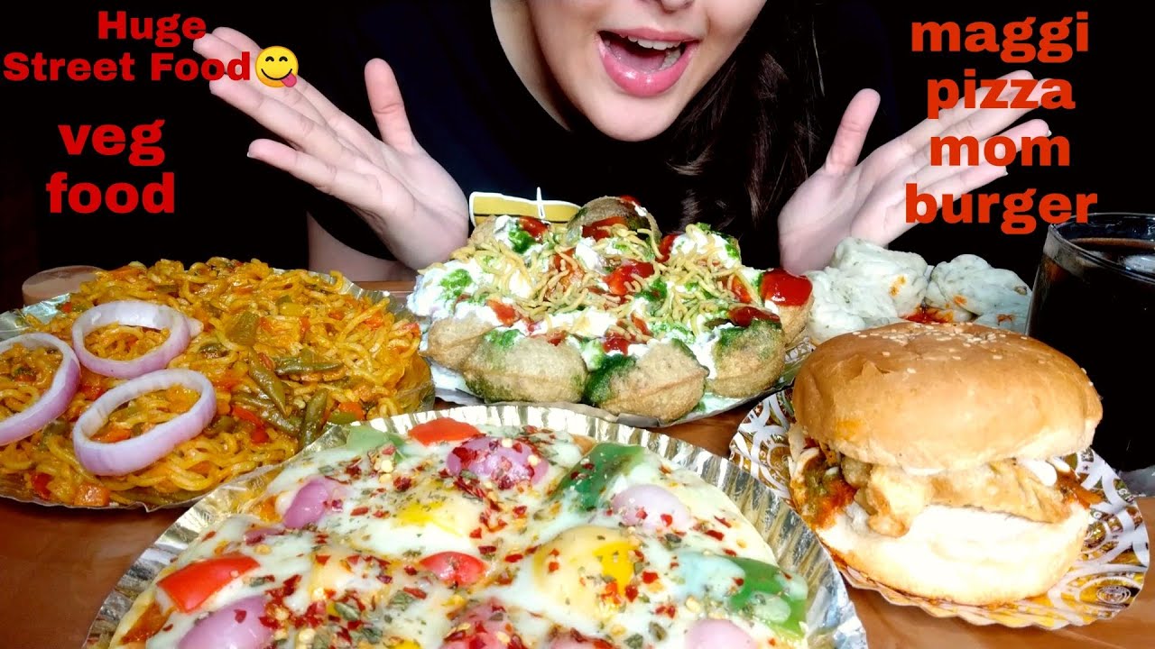 EATING MAGGIE,PIZZA,BURGER,DAHIPURI,MOMO *INDIAN STREET FOOD* Food Eating Videos, Big Bites, MUKBANG