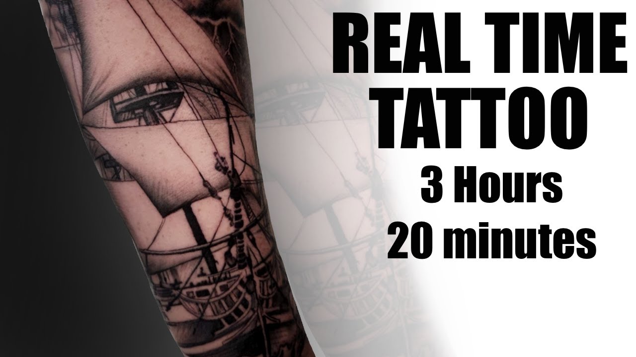 REAL TIME TATTOO | Old Sail Ship Black And Grey Realism Tattoo
