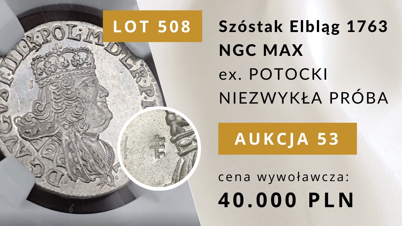 Absolutny TOP Kolekcjonerski! Szóstak Elbląg 1763 z kolekcji Potockich - NIESPOTYKANEJ URODY MONET