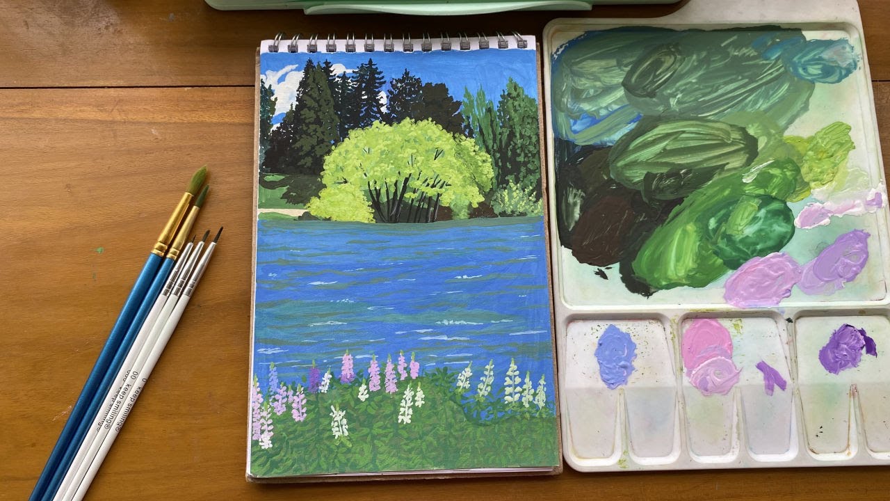 A Peaceful Park Painting ✿ Gouache landscape ✨🌼