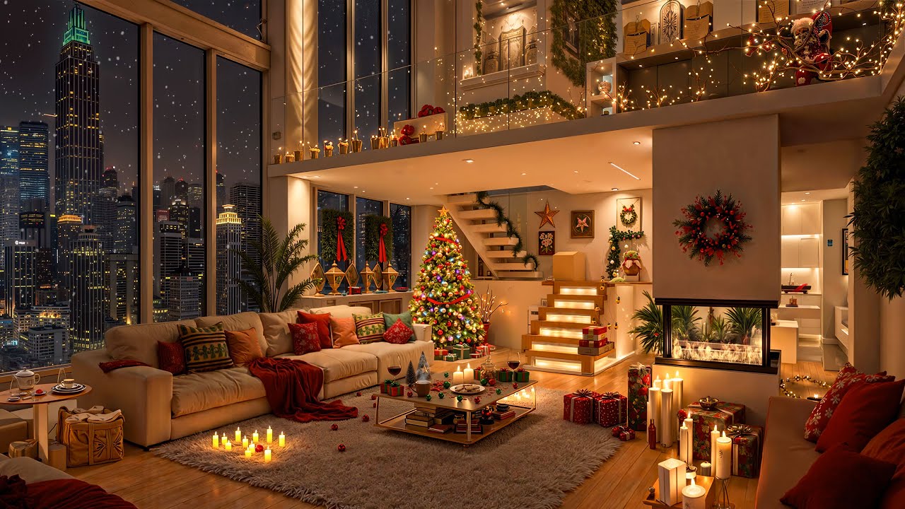 4K Elegant Christmas Evening for Study & Work 🎄 Luxury Apartment Ambience with Relaxing Piano Jazz