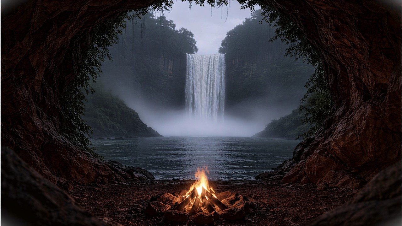 Peaceful Mountain Campfire 🌲 Fresh Waterfall & Gentle Fire Crackling