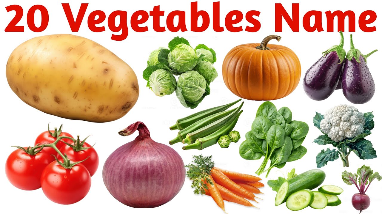 20 सब्ज़ियों के नाम सीखें | 20 Vegetable Names in English for Kids Vocabulary Learning Preschool