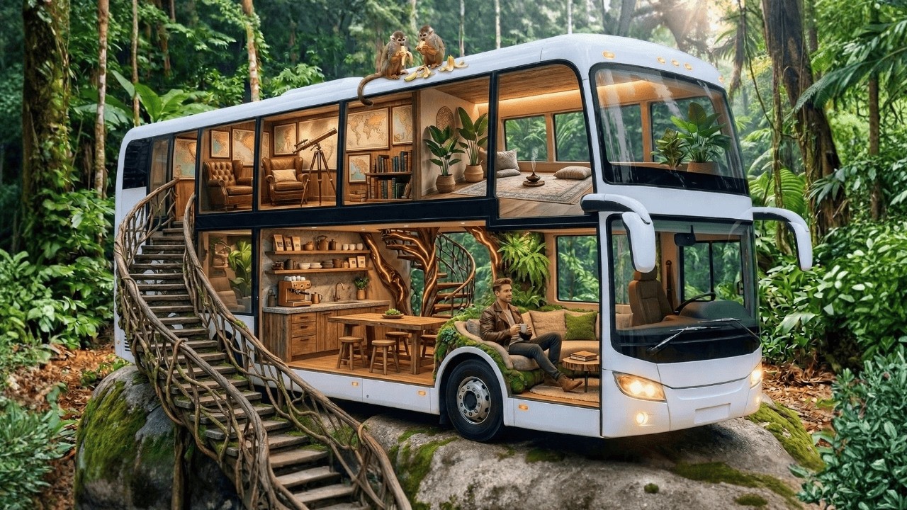 I Built a Modern Survival Hideout INSIDE an Abandoned Amazon Double-Decker Bus