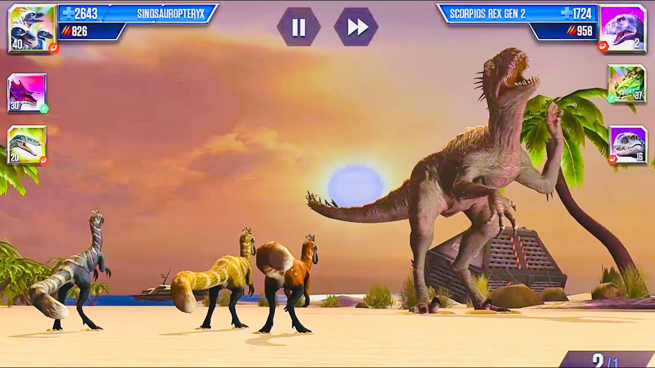 SINOSAUROPTERYX VS SCORPIOS REX GEN 2 IN JW | Jurassic World The Game - Hybrid Dino Gameplay 
