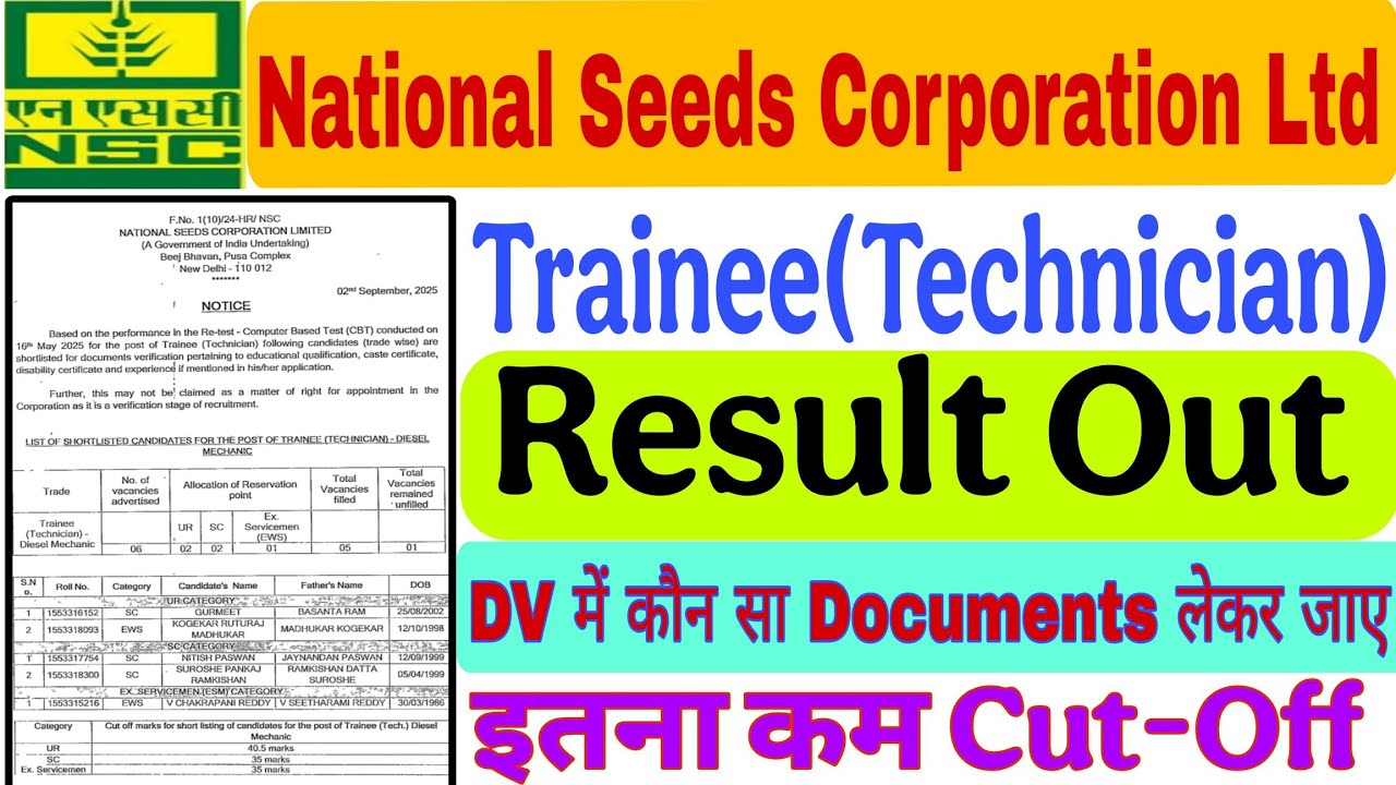 National Seeds Corporation Ltd Technician Result Out 2025|Check Result |Dv में क्या क्या लेकर जाए|