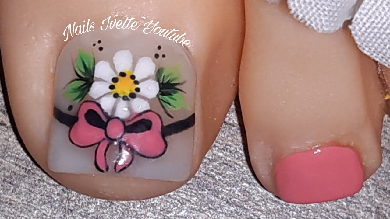 Modelo de uñas para los pies/Cómo decorar las uñas de los pies/Decoración de uñas moño con flor
