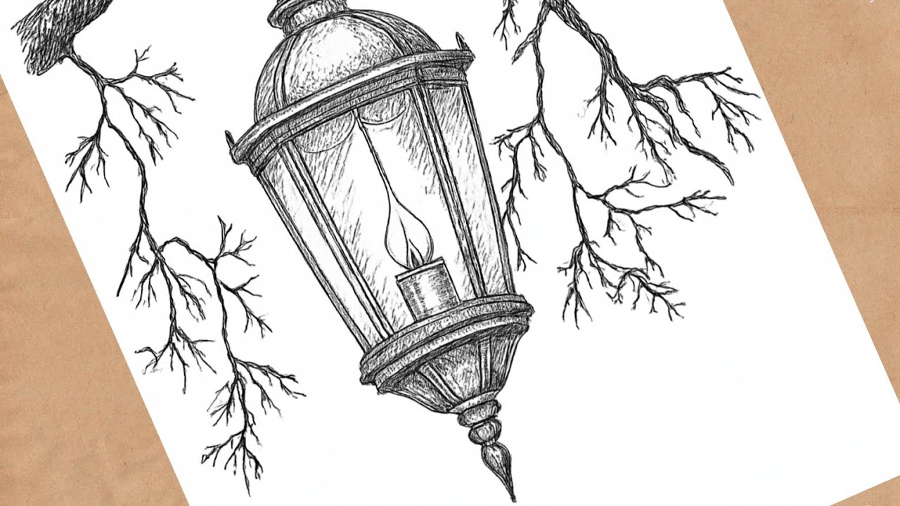 How to draw Lantern| সহজে লন্ঠন আঁকা  Academia Ink Sketch on Tree Branch 