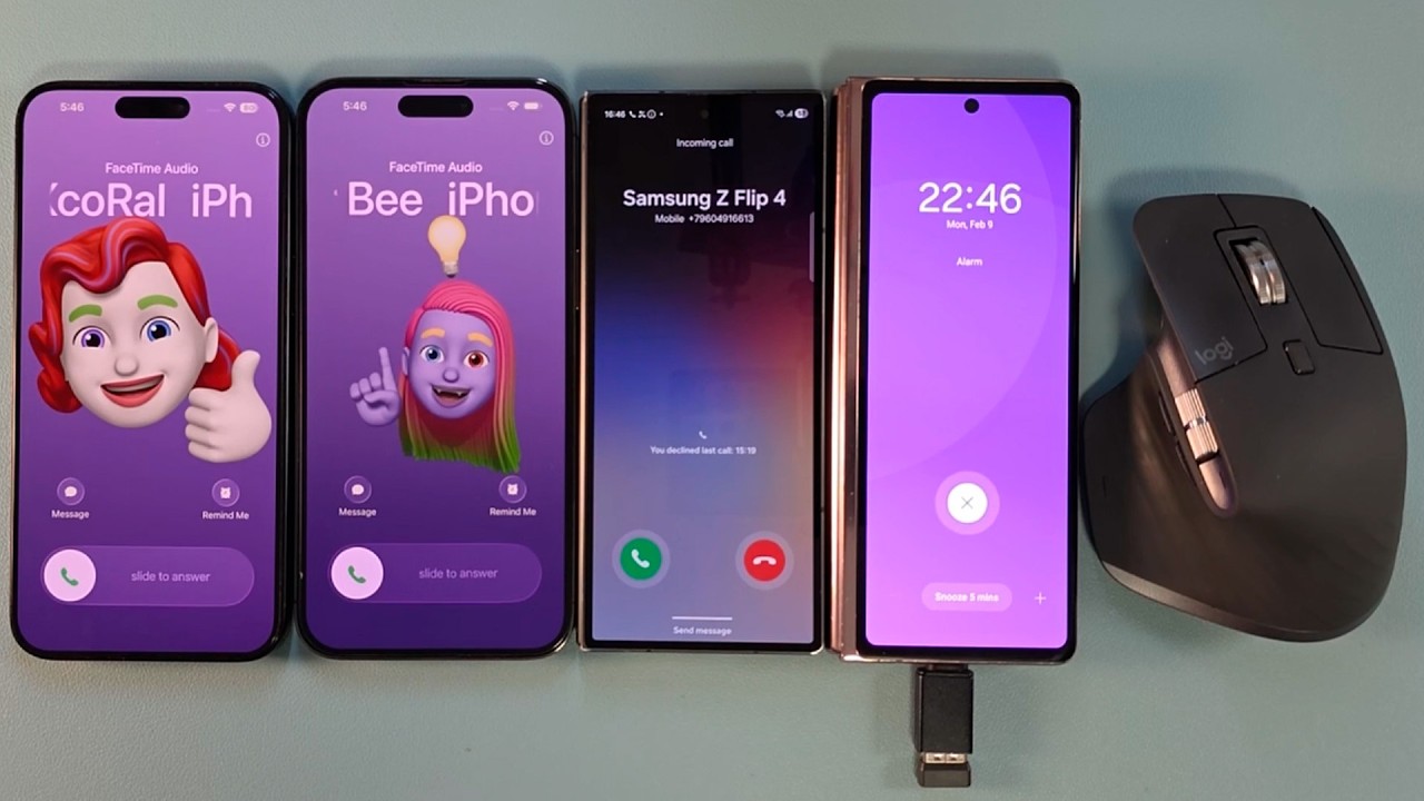 incoming call samsung galaxy zfold6 iphone 15pm samsung fold4 with mouse control & alarm clock