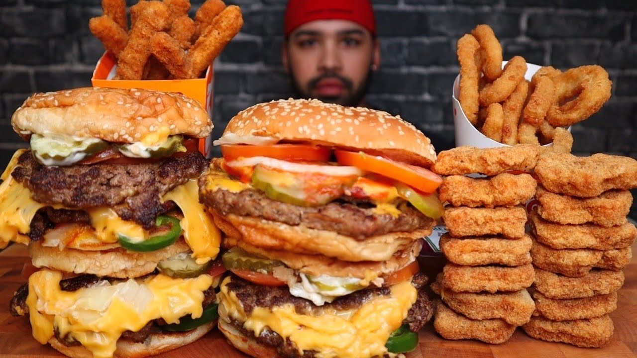 (AMMR NO TALKING) FIVE GUYS CHEESE BURGERS, BURGER KING WHOPPER, CHICKEN FRIES, NUGGETS ONION RINGS