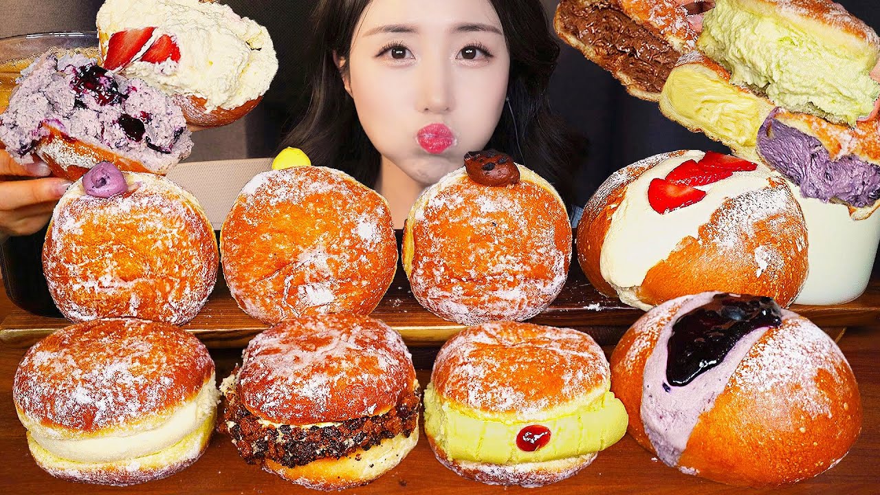 SUB)ПОНЧИКИ С ЗАВАРНЫМ КРЕМОМ АСМР Десерт🍩 Шоколад Хлеб МукбангㅣASMR Dessert Donut Mukbang