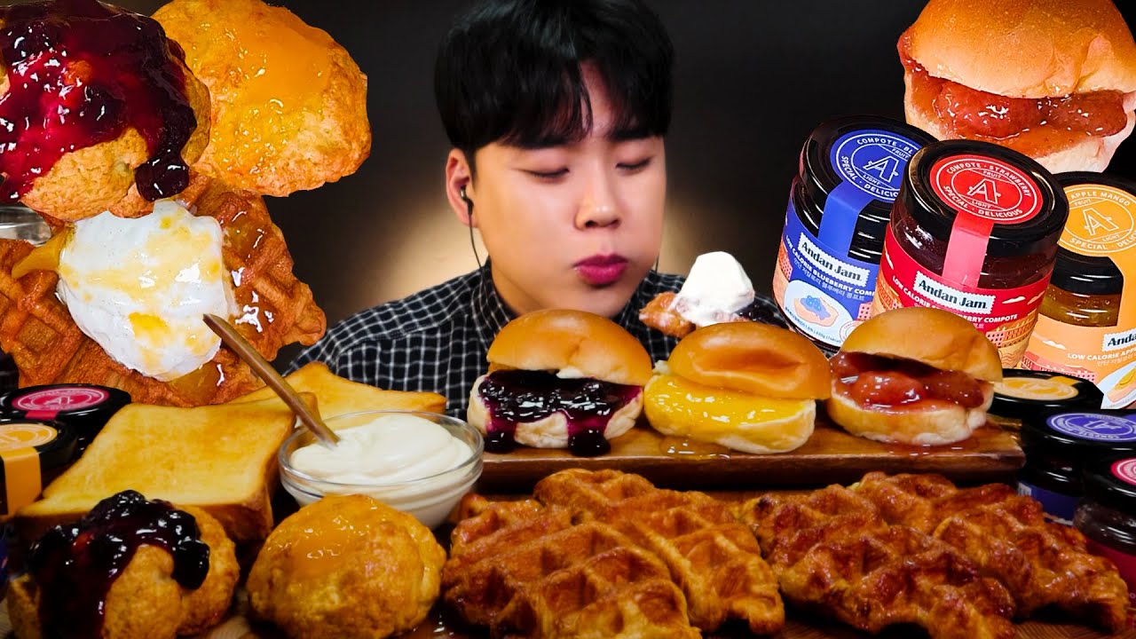 스콘 크로플 모닝빵에 잼 듬뿍 발라 먹방 ASMR Jam and bread MUKBANG REAL SOUND ジャムとパン