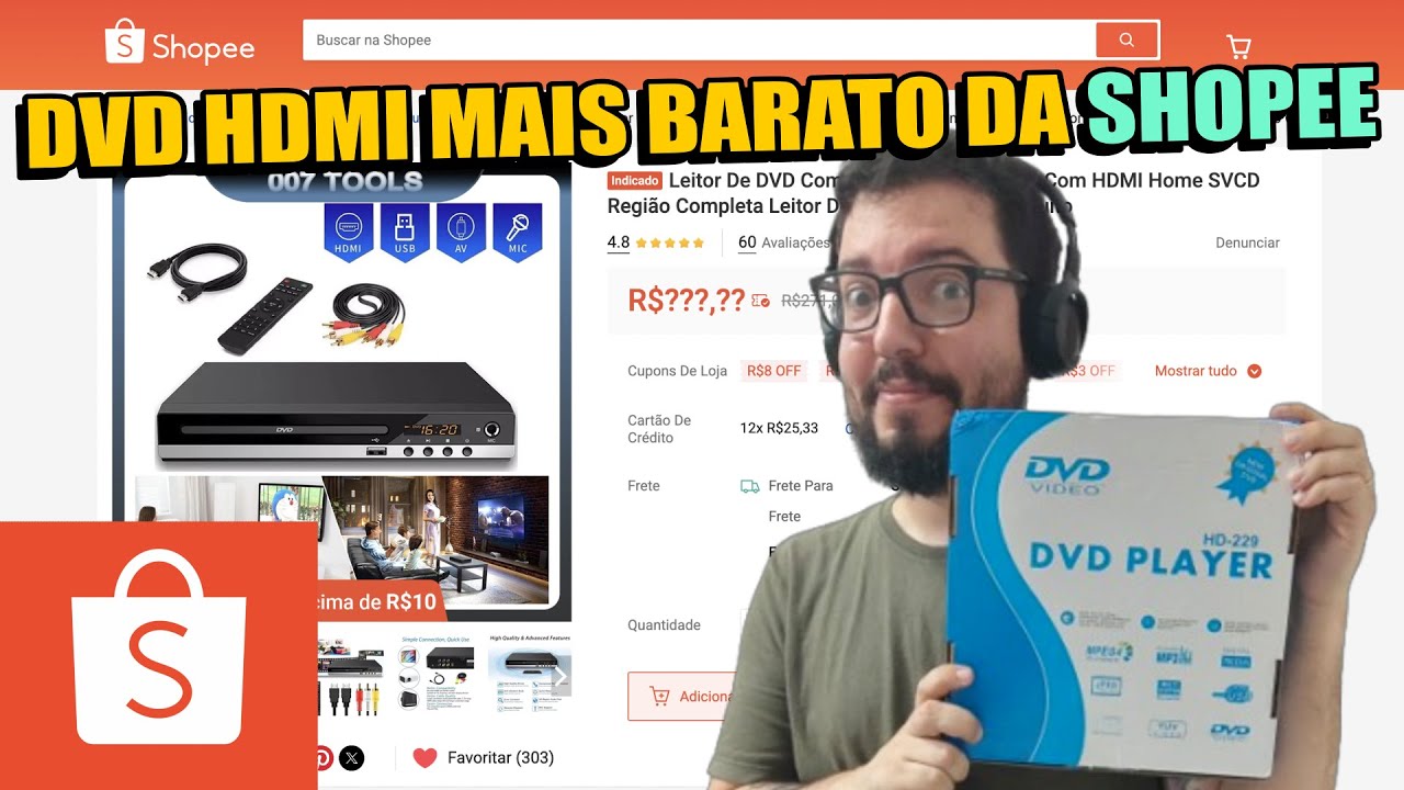 Eu comprei um DVD Player HDMI MAIS BARATO da SHOPEE!!! DVD HD-229