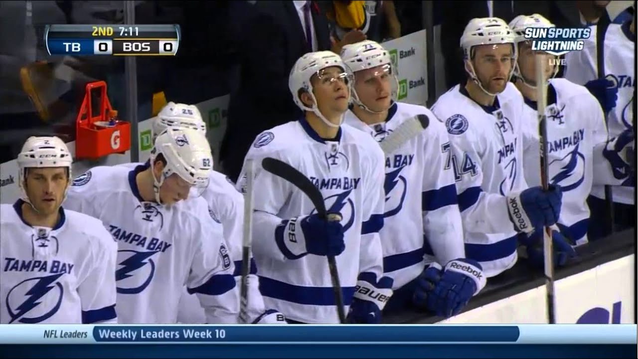 Steven Stamkos breaks his leg Tampa Bay Lightning vs Boston Bruins 11/11/13 NHL Hockey.