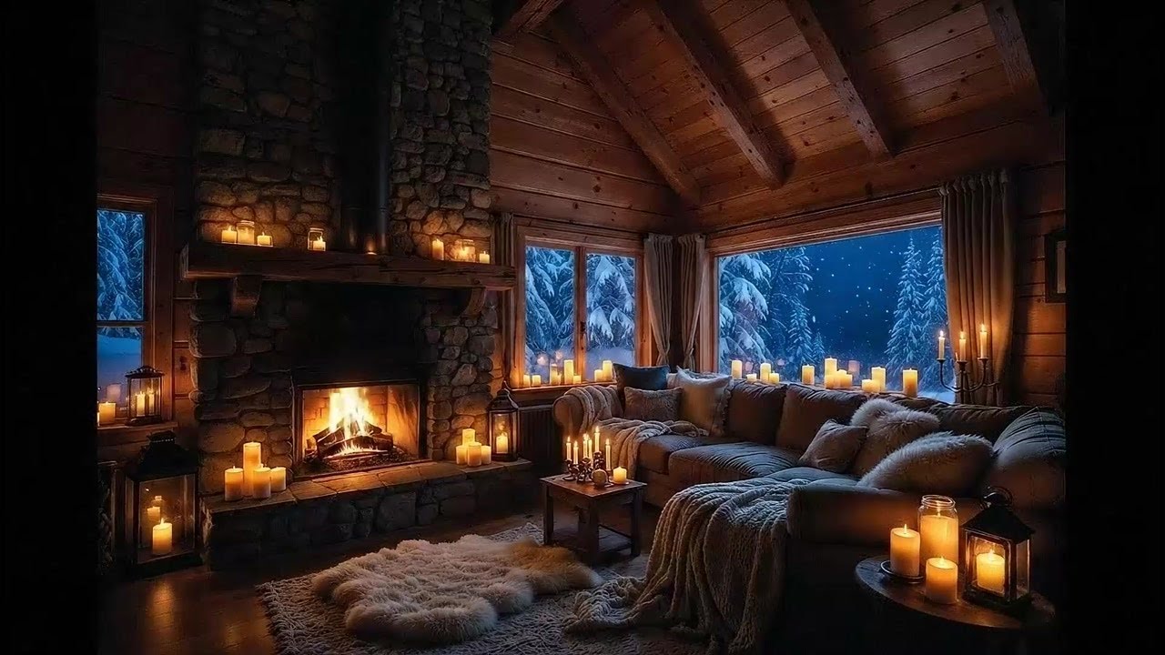 🕯️ Candlelit Winter Cabin 8 Hours - Fireplace Sleep Video with Brown Noise (No Music, No Ads)