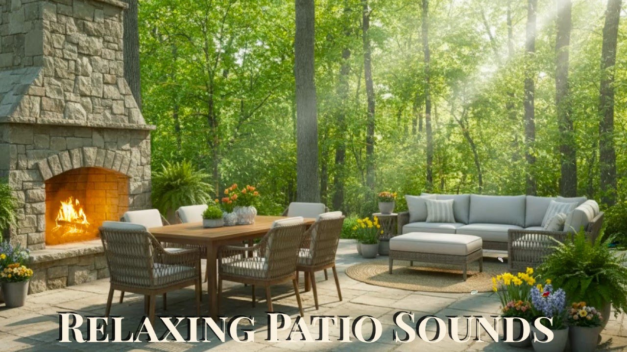 8 Hours Cozy Patio Ambience with Fireplace & Piano- Peaceful Garden Sounds for Relaxation & Sleep