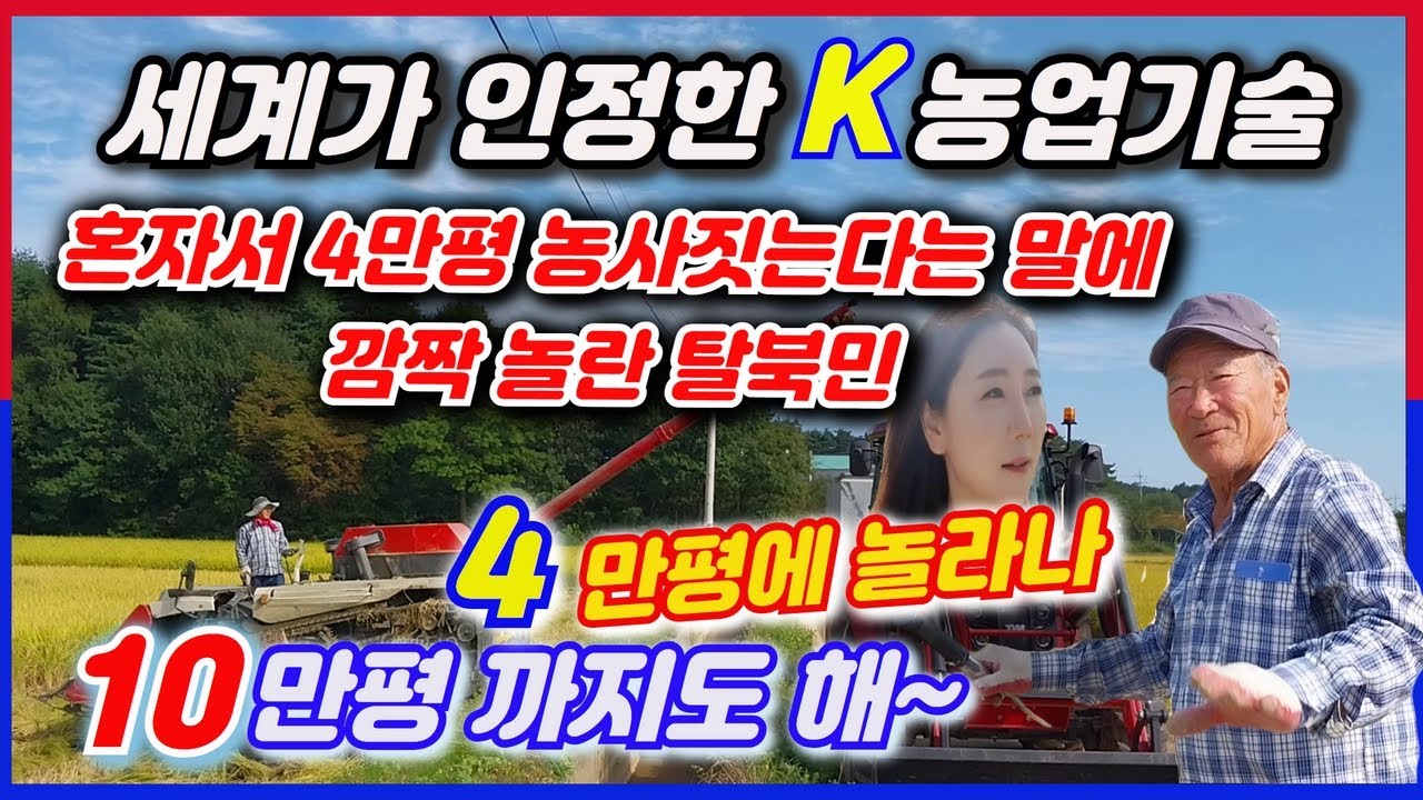 벼가을 현장이라 북적일줄 알았는데 사람들은 없고 기계가 벼 베고 탈곡까지 한번에  싹 다 하는 모습에 신비할 정도로 깜짝 놀란 탈북민,