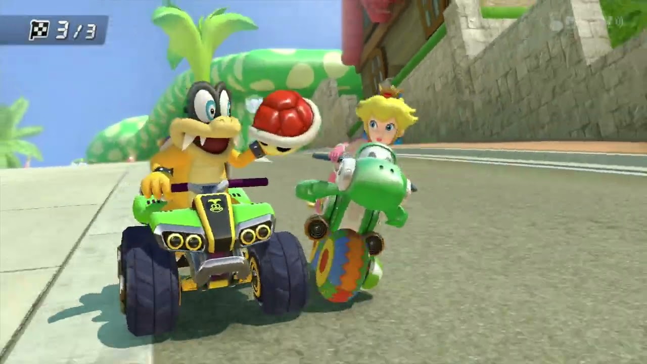 Princess Peach drives fast in Mario Kart 8