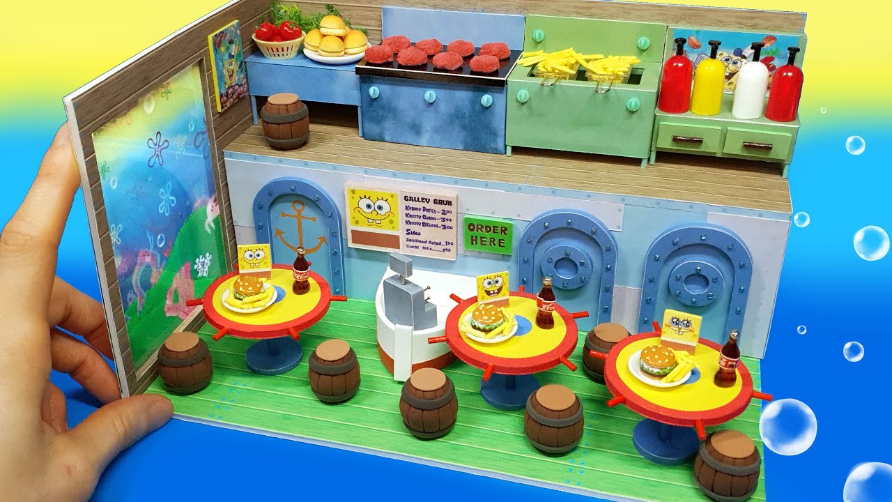 DIY Miniature Realistic Spongebob Krusty Krab Hamburger Board shop # - Build Amazing Krusty Krab !!