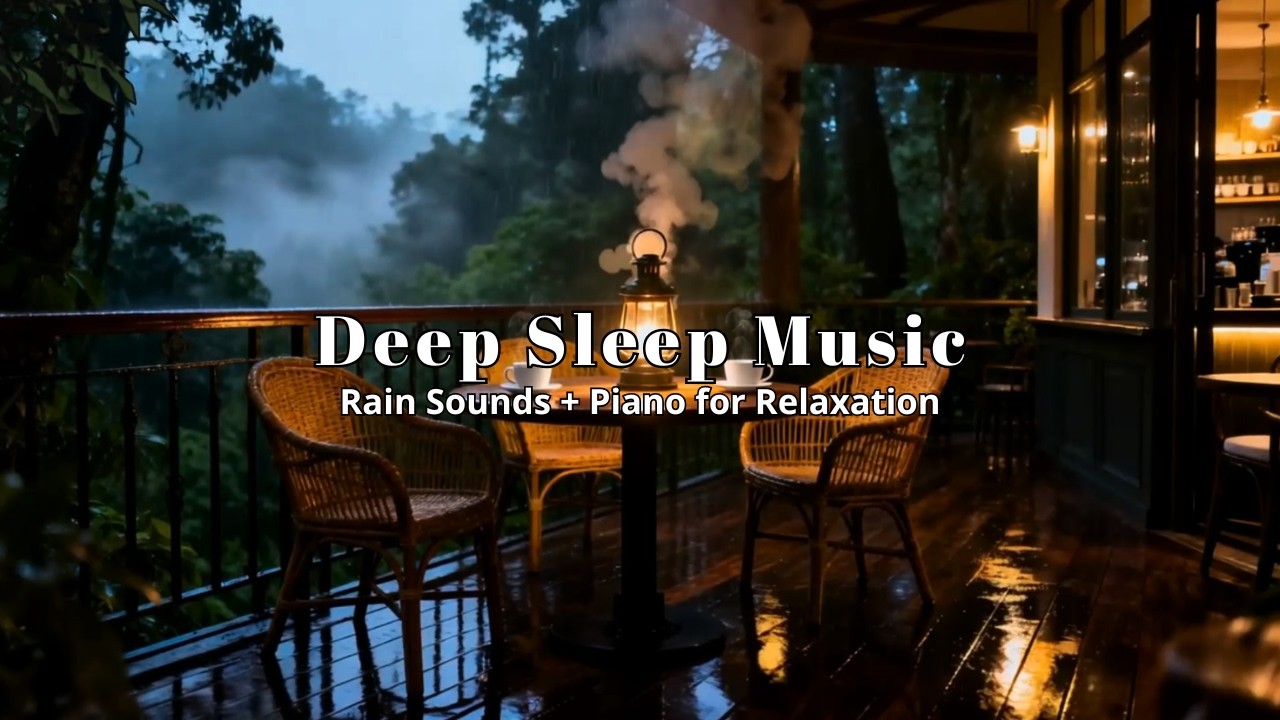 Relaxing Music with Rain Sounds & Piano in Cozy Jungle Cafe for Anxiety Relief | Midnight Storm