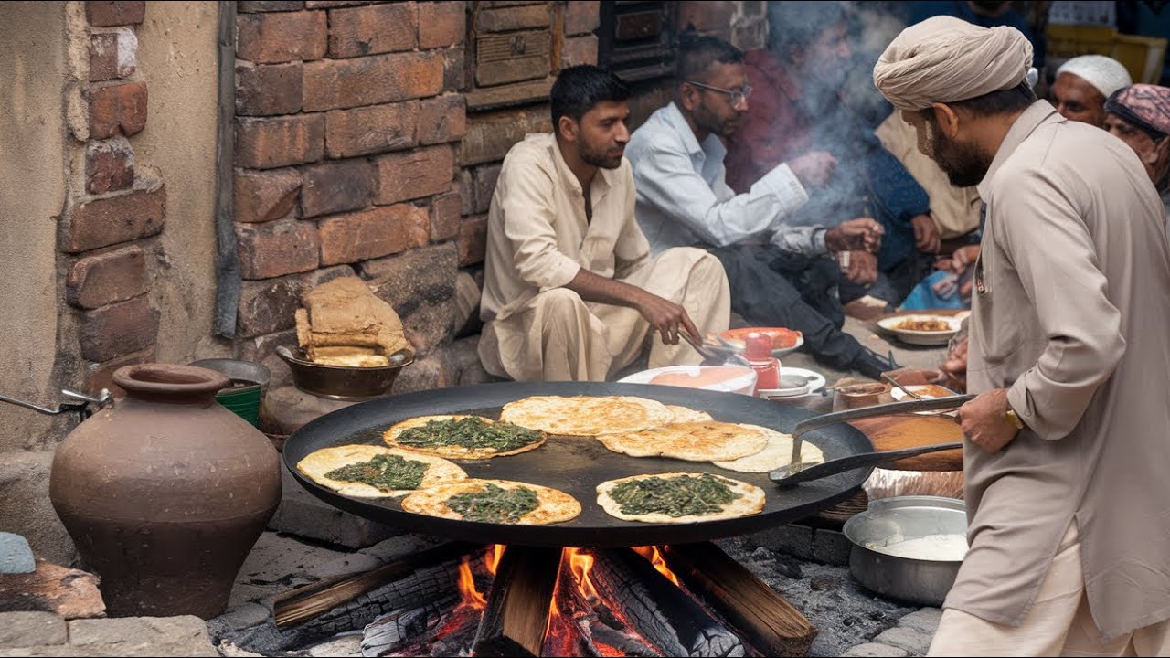 HARDWORKING MAN MAKING ROAD SIDE DESI BREAKFAST | SAAG ALOO PARATHA - PAKISTANI BEST DESI FOOD