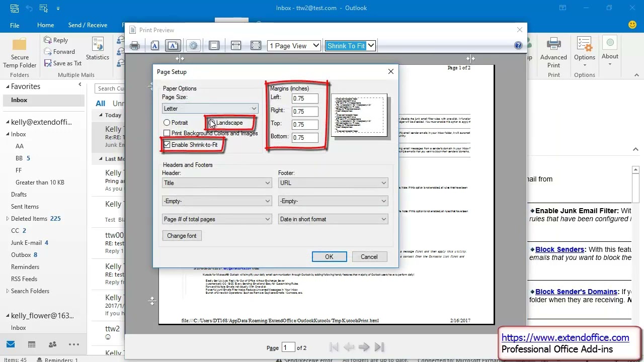 How to print emails without cutting off on the side in Outlook